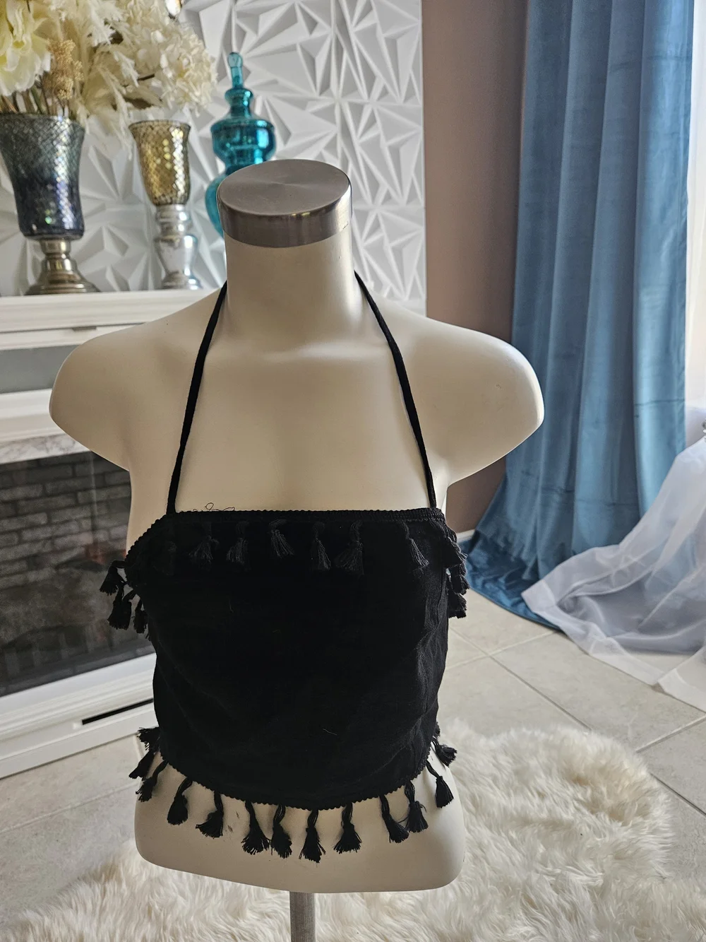 Black Tassel Halter Crop Top - Women Intimates & Sleepwear